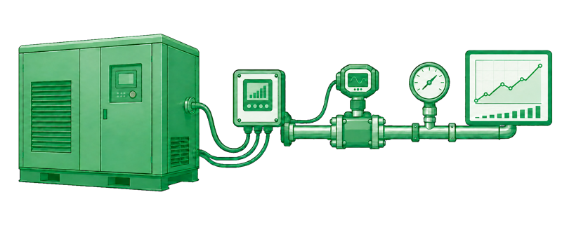 商用スクリュー式コンプレッサの電力・吐出流量・圧力を計測し、推移を分析するイメージ